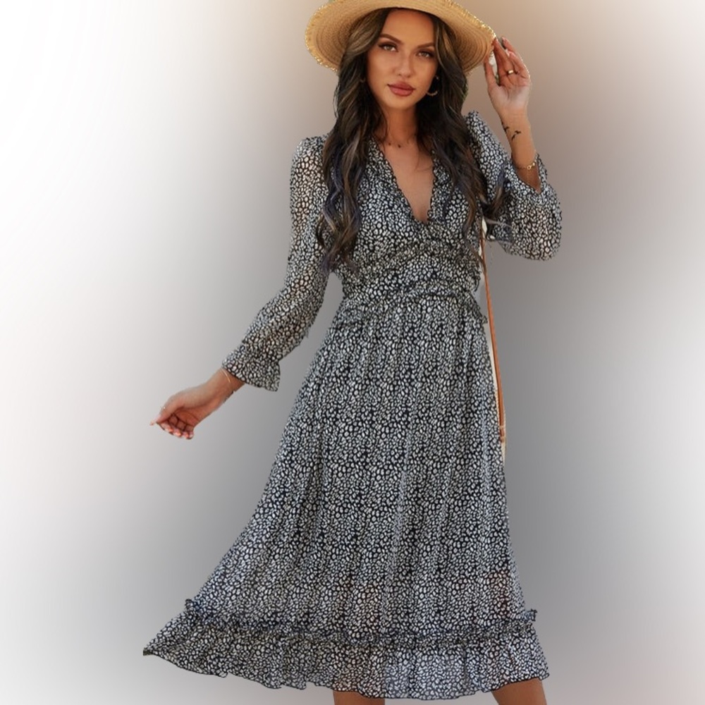 Boho Confetti Ruffle V Neck Bubble Sleeve Dress - Picture 2 of 10